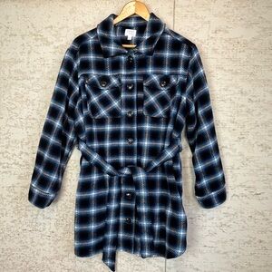 Thick Wool Plaid Shacket Large Blue Black White Belted Jacket Flannel